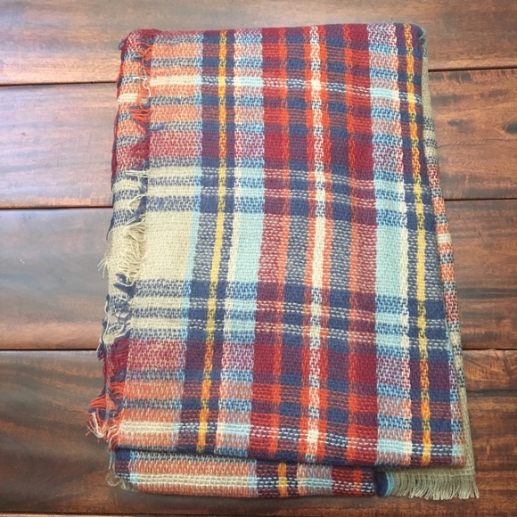 Red Orange Tan Plaid Blanket Scarf - Picture 2 of 4